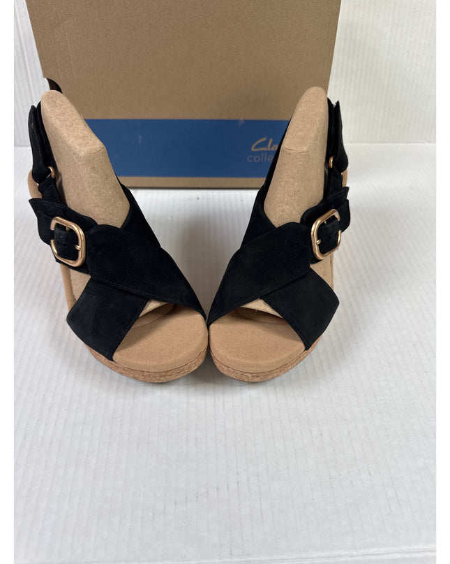 Clarks Collection Women's Giselle Dove Wedge Sandals Black  nubuck Size 7