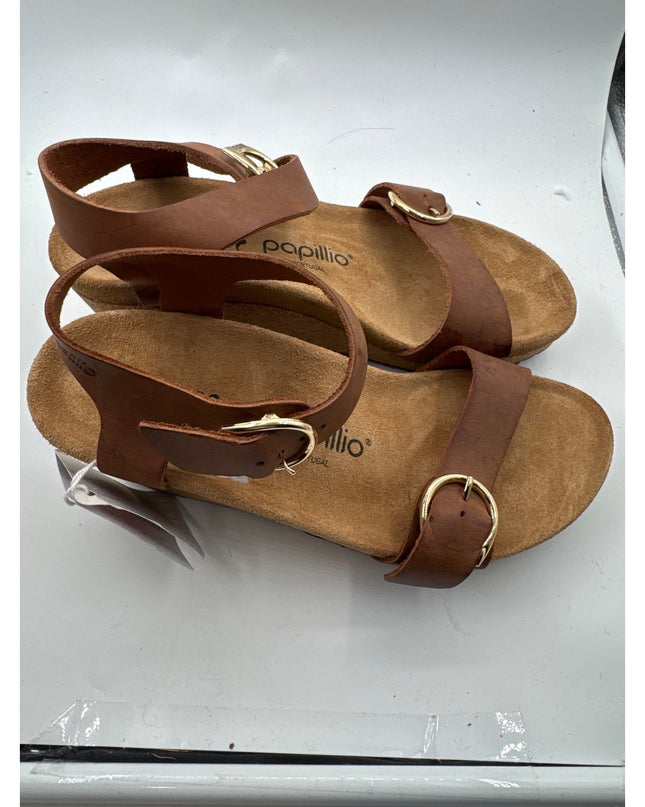Birkenstock Papillio Soley Ring Buckle Wedge Sandals Cognac Leather Women's Size 7
