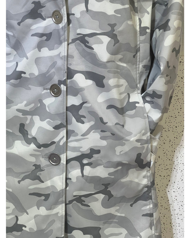 Dennis Basso Women's Gray Camo Button-Front Rain Jacket L NWT