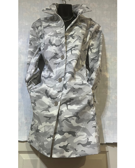 Dennis Basso Women's Gray Camo Button-Front Rain Jacket L NWT