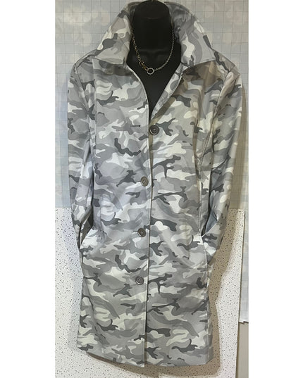 Dennis Basso Women's Gray Camo Button-Front Rain Jacket L NWT