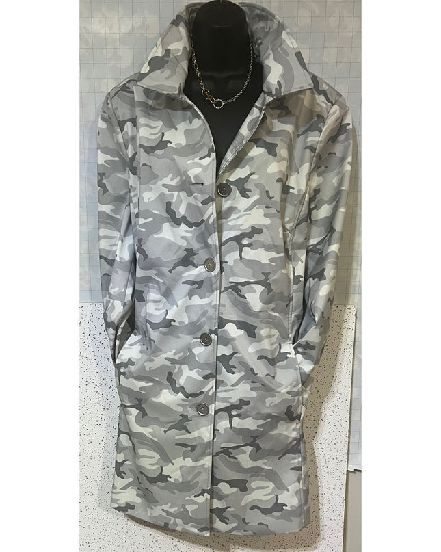 Dennis Basso Women's Gray Camo Button-Front Rain Jacket L NWT