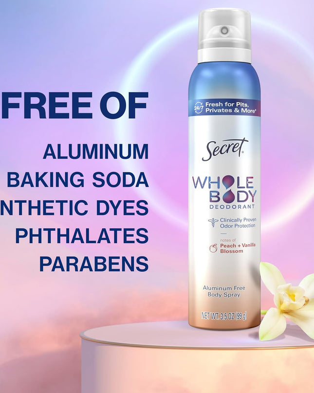 Secret Whole Body Deodorant Spray for Women,2PK  Peach & Vanilla scent 3.5 oz
