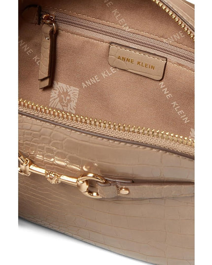 Anne Klein Oval Horsebit Croco Crossbody Bag Oatmilk One Size New