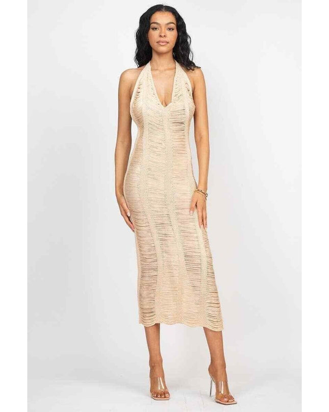 Women Distressed Crochet Beach Cover Up Halter V-Neck Backless Dress