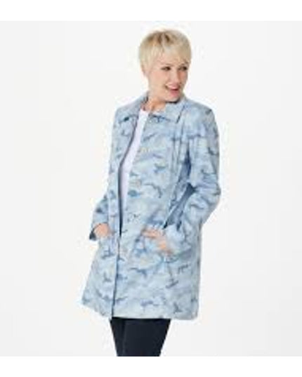 Dennis Basso Women's Blue Camo Button-Front Rain Jacket Large NWT