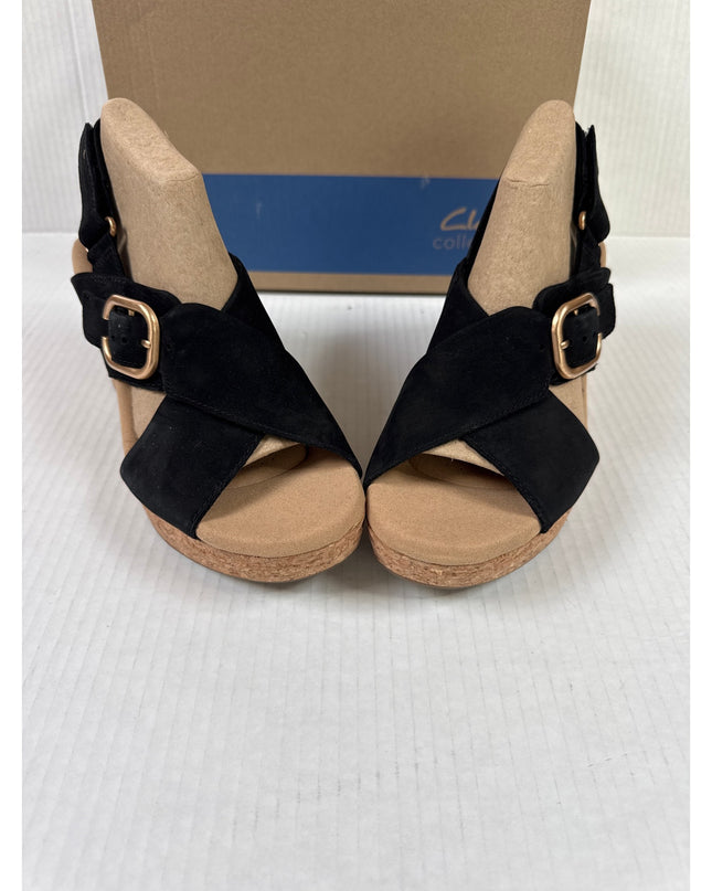 Clarks Collection Women's Giselle Dove Wedge Sandals Black  nubuck Size 7