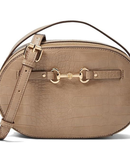 Anne Klein Oval Horsebit Croco Crossbody Bag Oatmilk One Size New