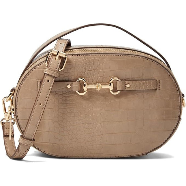 Anne Klein Oval Horsebit Croco Crossbody Bag Oatmilk One Size New