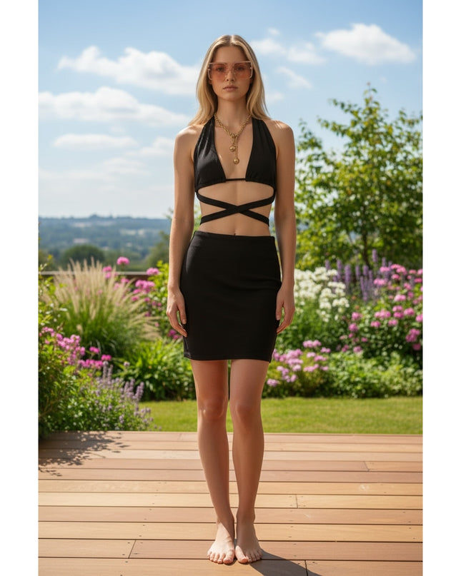 Bear Dance Women Black Bombshell 2 Piece Mini Skirt Set Sleeveless NWT