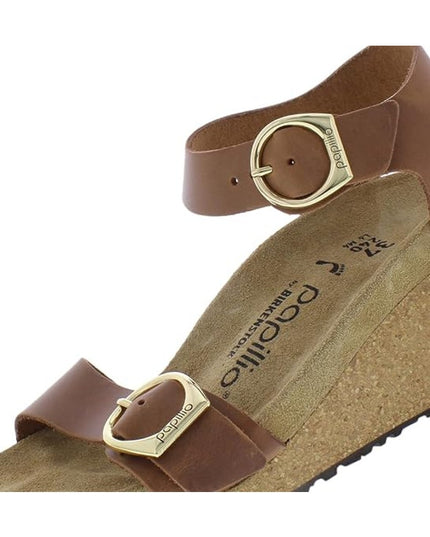 Birkenstock Papillio Soley Ring Buckle Wedge Sandals Cognac Leather Women's Size 7