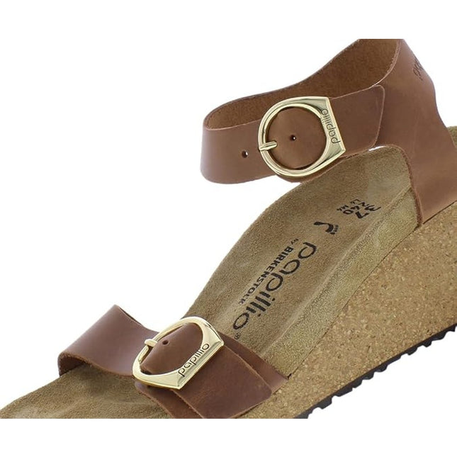Birkenstock Papillio Soley Ring Buckle Wedge Sandals Cognac Leather Women's Size 7