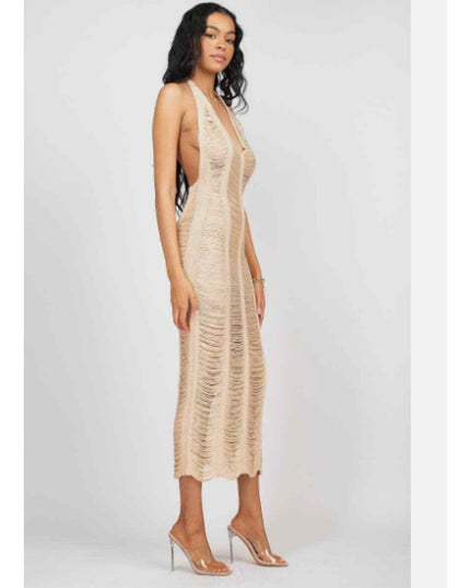 Women Distressed Crochet Beach Cover Up Halter V-Neck Backless Dress