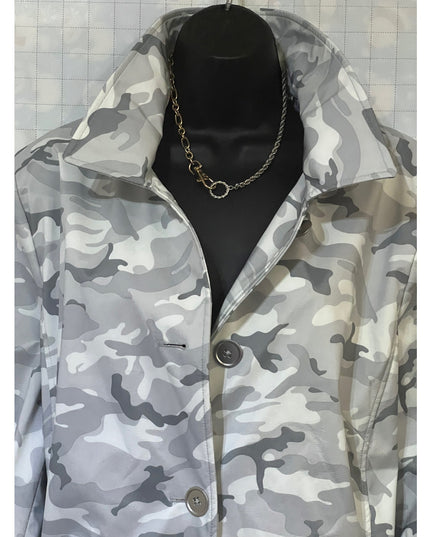 Dennis Basso Women's Gray Camo Button-Front Rain Jacket L NWT