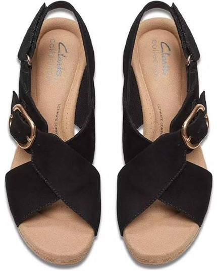 Clarks Collection Women's Giselle Dove Wedge Sandals Black  nubuck Size 7