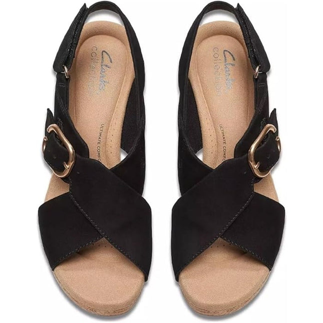 Clarks Collection Women's Giselle Dove Wedge Sandals Black  nubuck Size 7