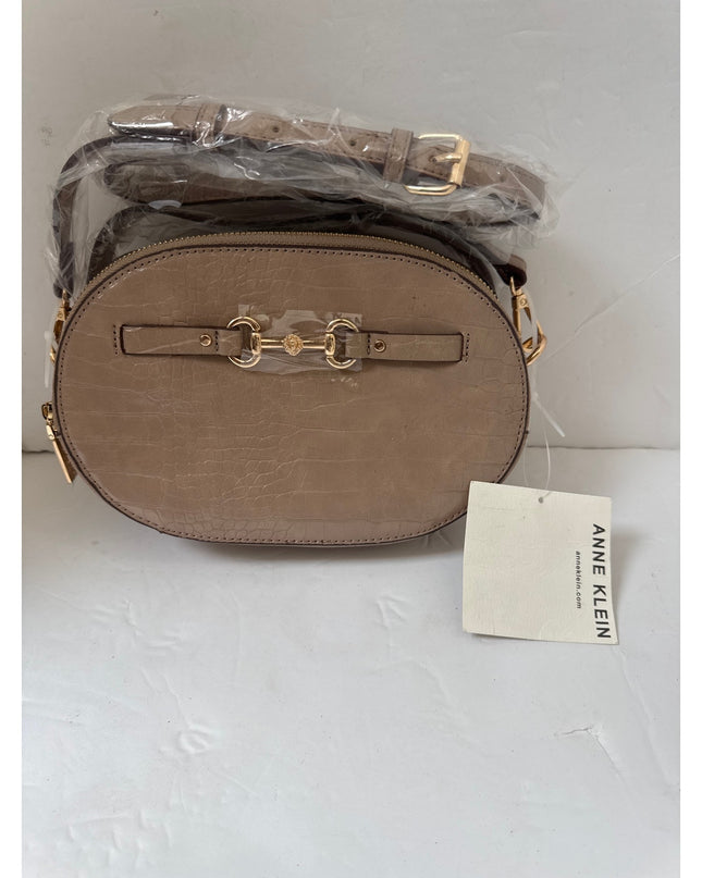 Anne Klein Oval Horsebit Croco Crossbody Bag Oatmilk One Size New