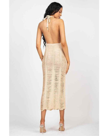 Women Distressed Crochet Beach Cover Up Halter V-Neck Backless Dress
