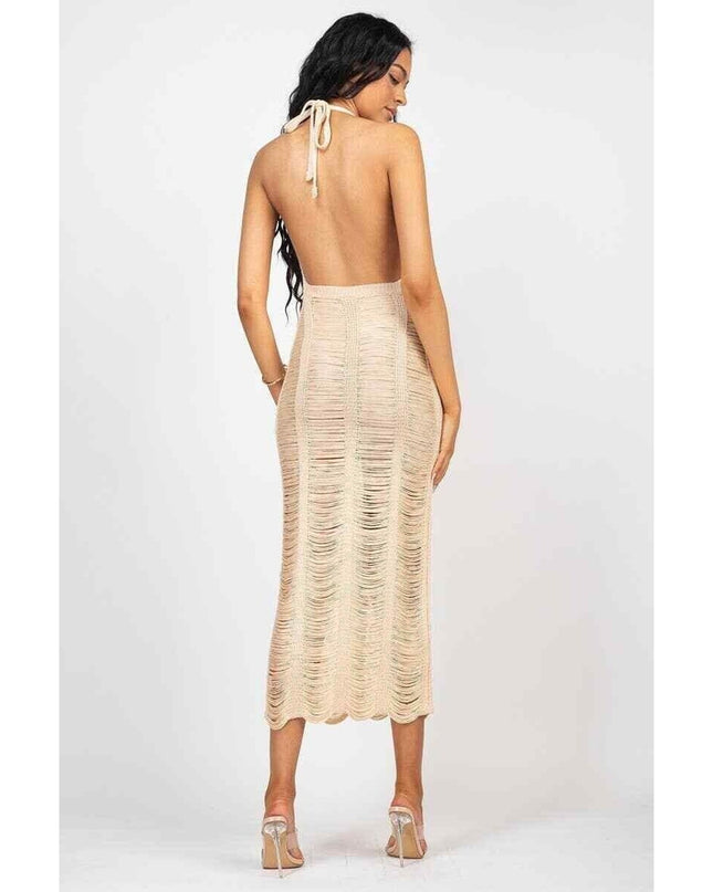 Women Distressed Crochet Beach Cover Up Halter V-Neck Backless Dress