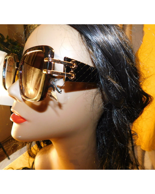 Women's High Fashion UV400 Tortoiseshell frame Gold link Temple Sunglasses