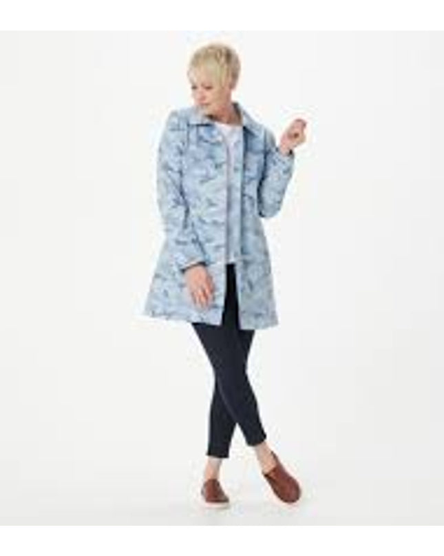 Dennis Basso Women's Blue Camo Button-Front Rain Jacket Large NWT