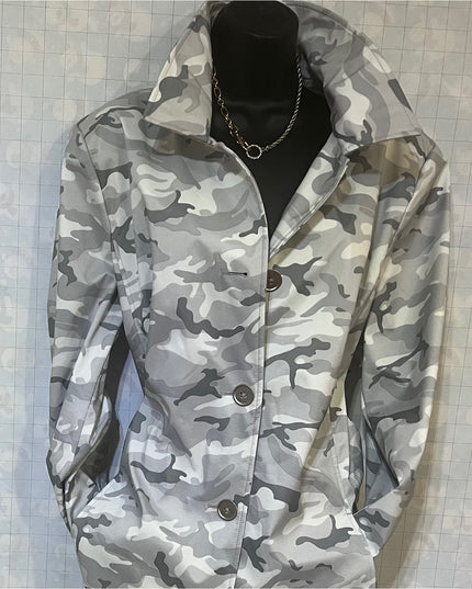 Dennis Basso Women's Gray Camo Button-Front Rain Jacket L NWT