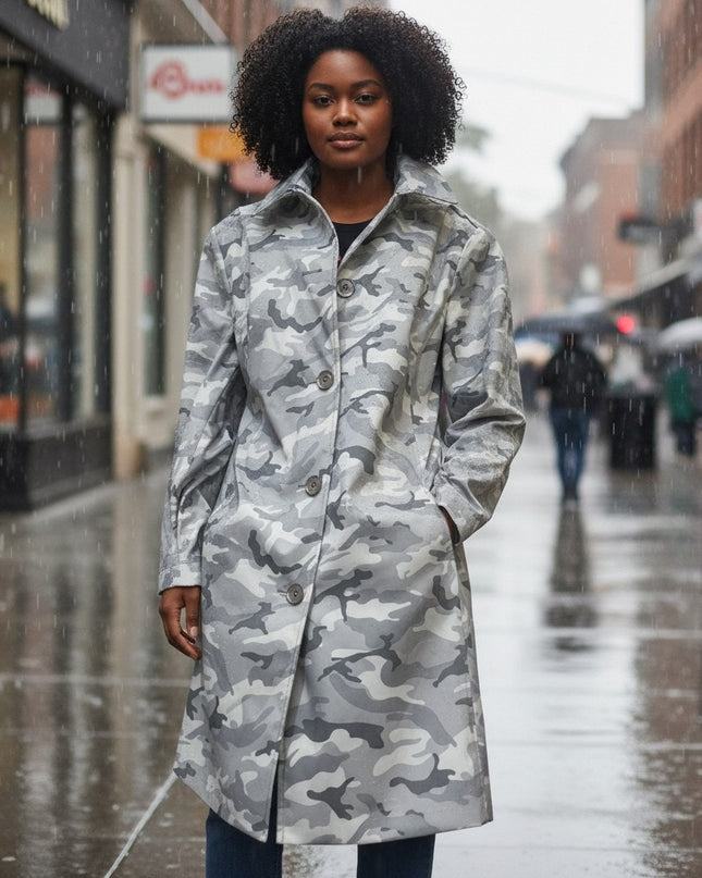 Dennis Basso Women's Gray Camo Button-Front Rain Jacket L NWT