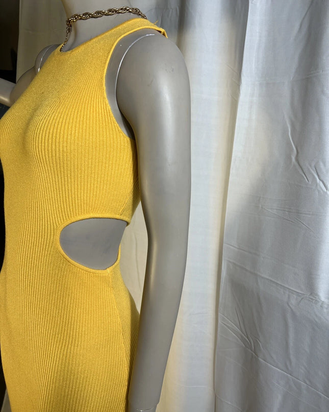 FORE Women’s Ribbed Knit Cutout Midi Dress – Yellow | Sleeveless Pullover