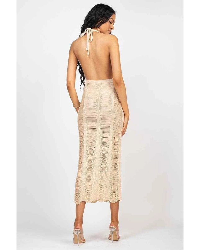 Women distressed Crochet Cover Up Halter V-Neck Backless Hollow Out Beach Dress