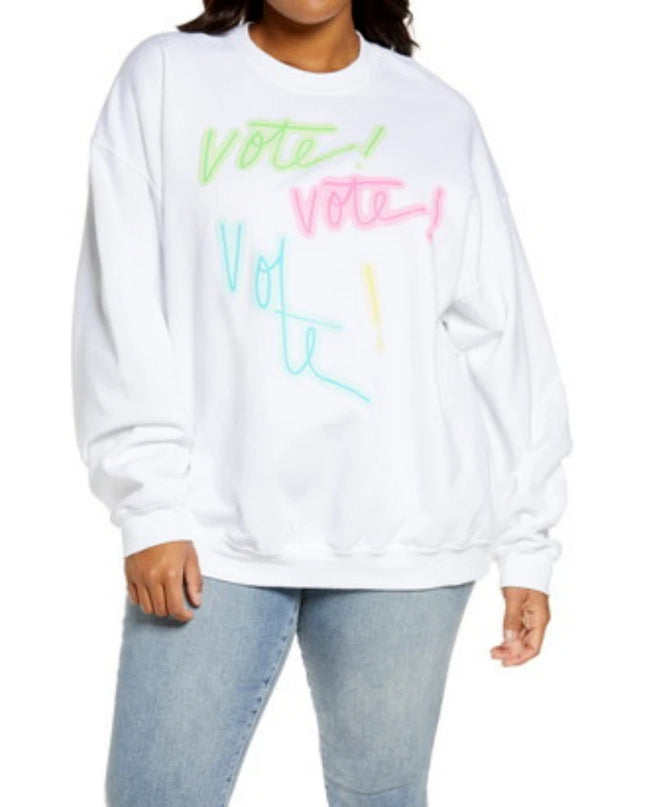 BP Women's White Vote Crew Neck Graphic Knit Pullover Sweatshirt 2X