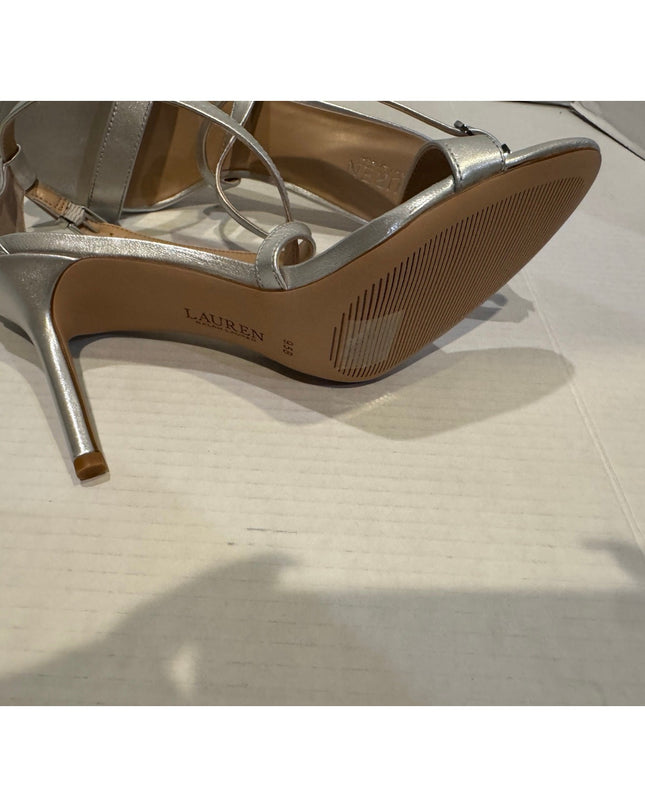 Lauren Ralph Lauren Gabriele silverc Leather stiletto Sandals heels Nwob 9.5