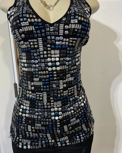 Tender  sleeveless Women Black Multi Colored beaded tank top medium￼
