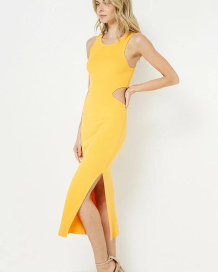 FORE Women’s Ribbed Knit Cutout Midi Dress – Yellow | Sleeveless Pullover