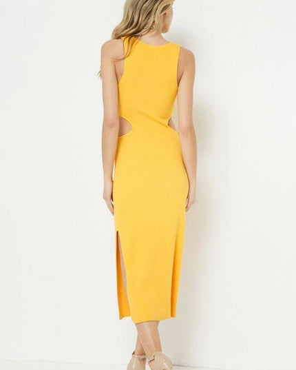 FORE Women’s Ribbed Knit Cutout Midi Dress – Yellow | Sleeveless Pullover