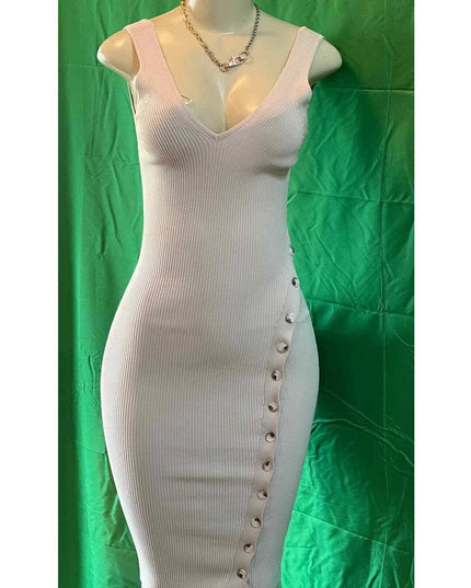 Womens 2024 Summer V Neck Knit Midi Dress Bodycon Sleeveless Ribbed DRESS S ,M,L