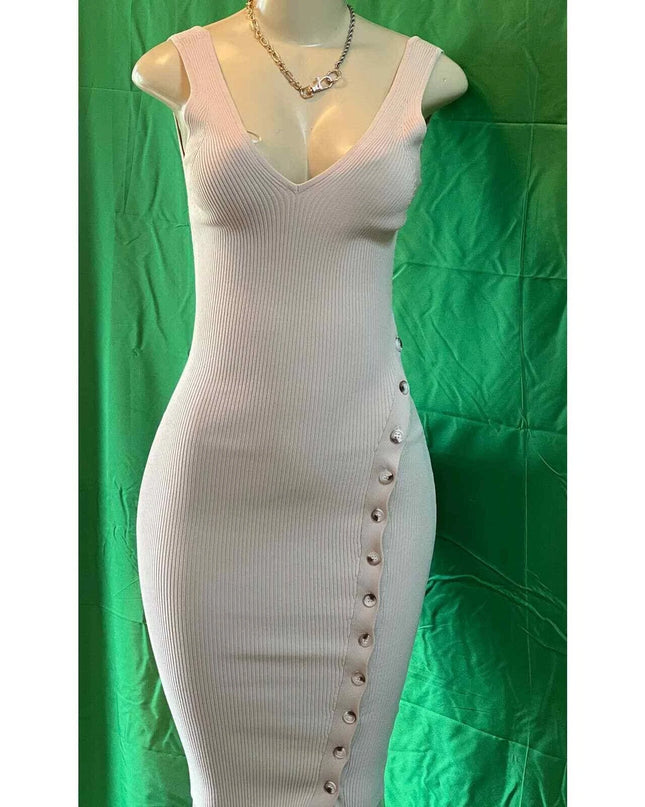 Womens 2024 Summer V Neck Knit Midi Dress Bodycon Sleeveless Ribbed DRESS S ,M,L