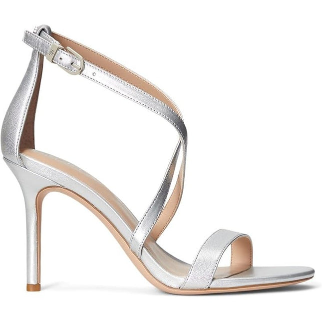 Lauren Ralph Lauren Gabriele silverc Leather stiletto Sandals heels Nwob 9.5