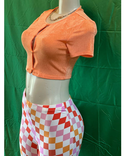 Curvy Diva women  checkered orange /red  stretch pants yoga  s,m,l
