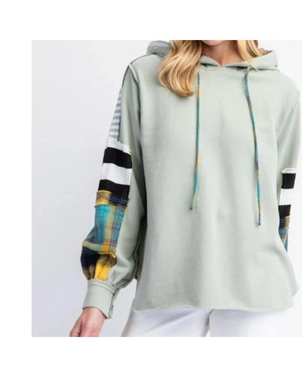 Easel womens Plaid Mix Hoodie in Faded Sage med nwt