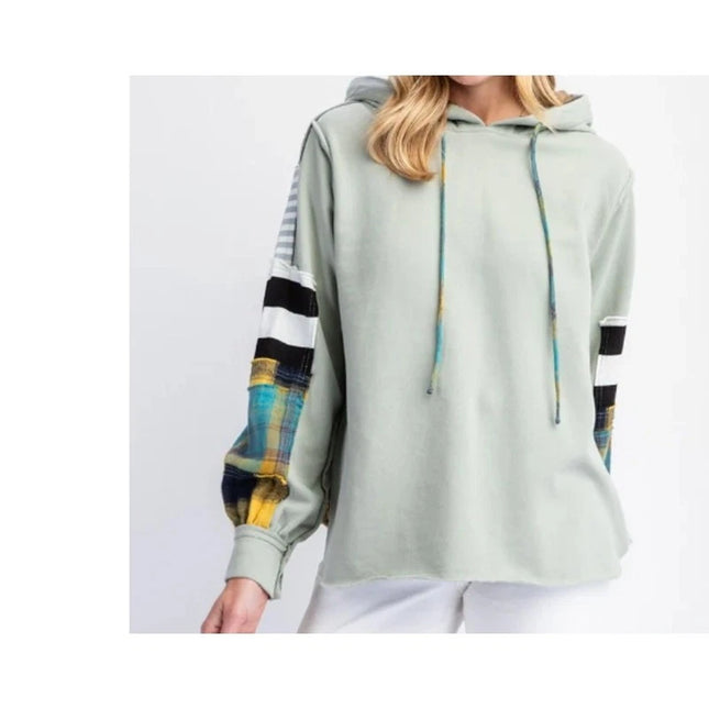 Easel womens Plaid Mix Hoodie in Faded Sage med nwt