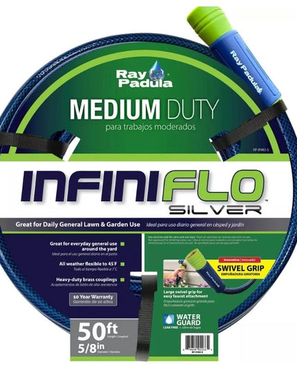 InfiniFlo 50ft Silver Medium Duty Garden Hose: Leak-Resistant,