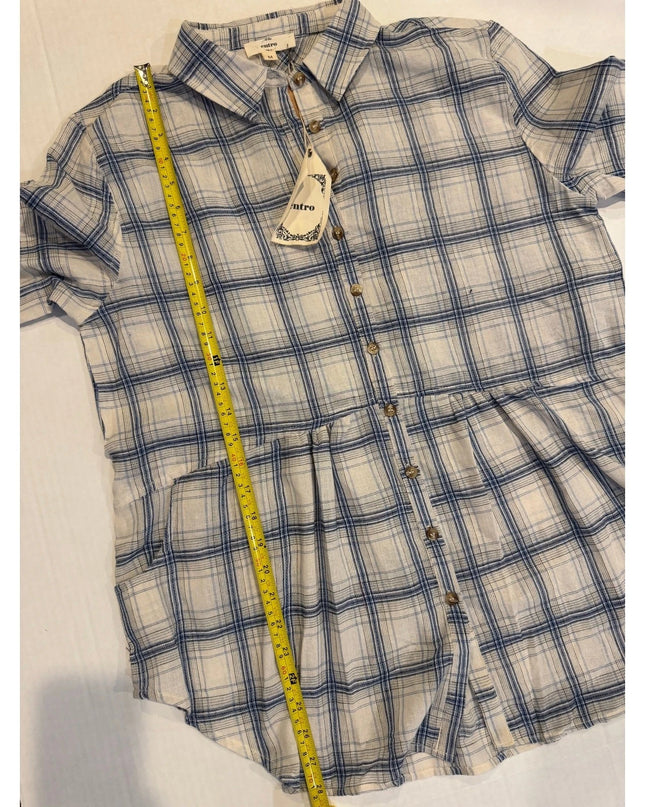 entro relaxed blue plaid women button-up shirt med  new
