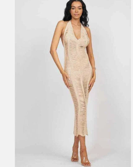 Women distressed Crochet Cover Up Halter V-Neck Backless Hollow Out Beach Dress