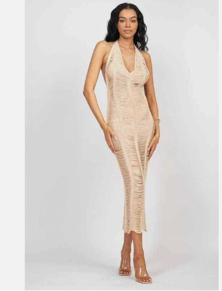 Women distressed Crochet Cover Up Halter V-Neck Backless Hollow Out Beach Dress