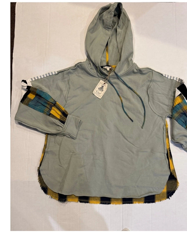 Easel womens Plaid Mix Hoodie in Faded Sage med nwt