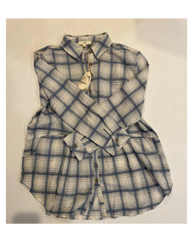 entro relaxed blue plaid women button-up shirt med  new