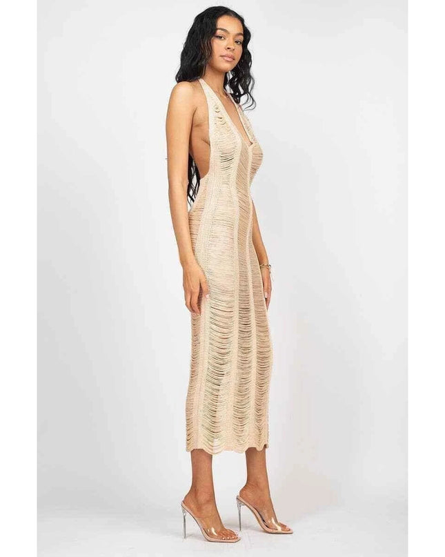 Women distressed Crochet Cover Up Halter V-Neck Backless Hollow Out Beach Dress