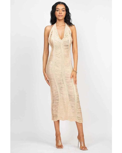Women distressed Crochet Cover Up Halter V-Neck Backless Hollow Out Beach Dress