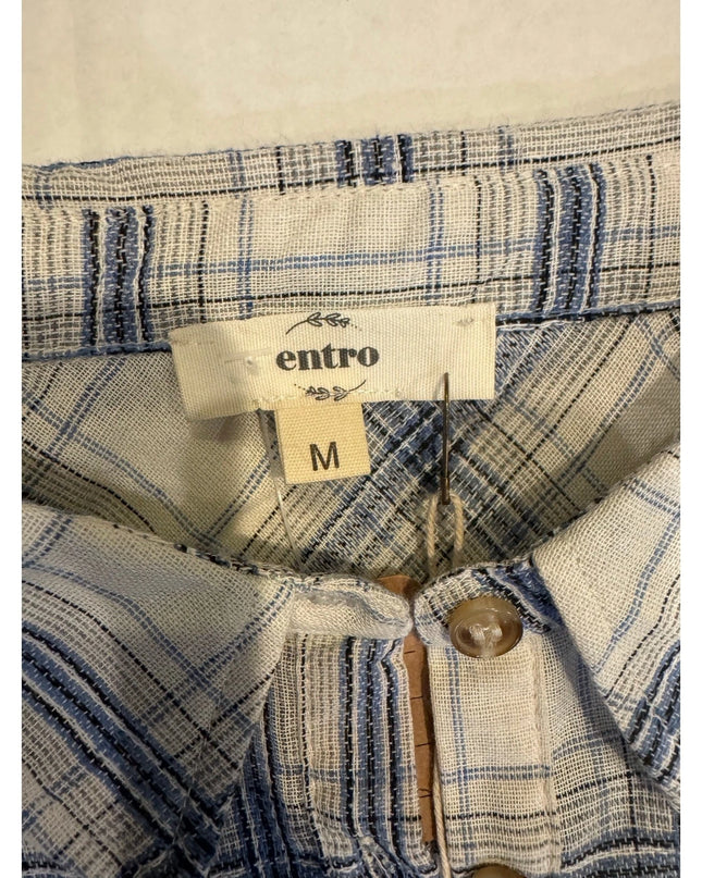 entro relaxed blue plaid women button-up shirt med  new