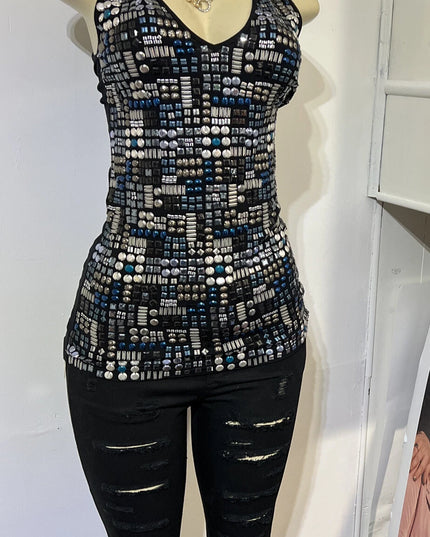 Tender  sleeveless Women Black Multi Colored beaded tank top medium￼